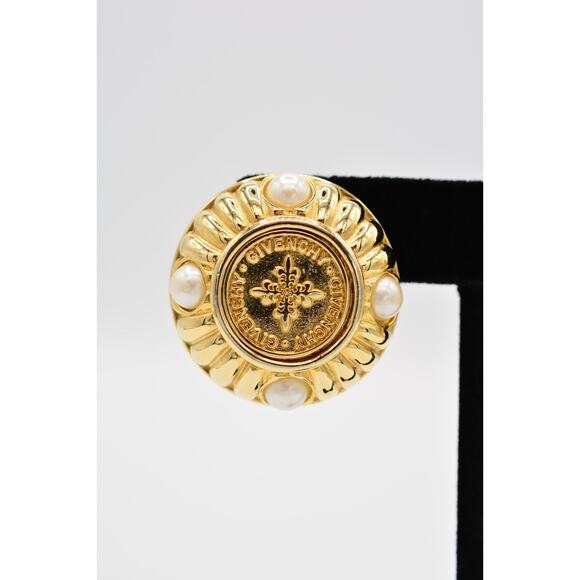 Givenchy Vintage Coin Clip On Earrings Logo Gold Chunky Pearl Signed 1980s BinAG - Picture 6 of 12